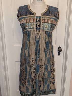 Embroidered Teal and Taupe Sleeveless Midi Dress